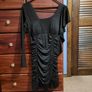 Taboo Black Mini Dress Sinched Bodycon Padded Ruffed Sparkle Asymmetrical Medium